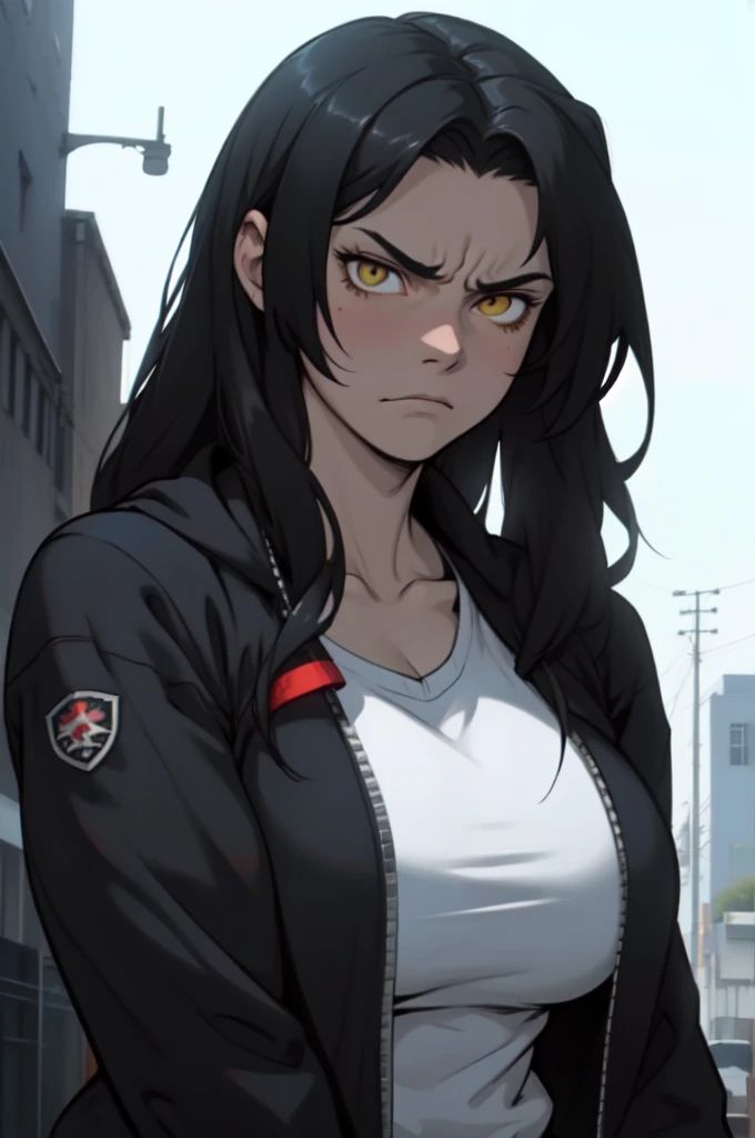 giant muscles huge breasts massive hair pale skin black hair yellow eyes long straight hair angry sad sad girl sad