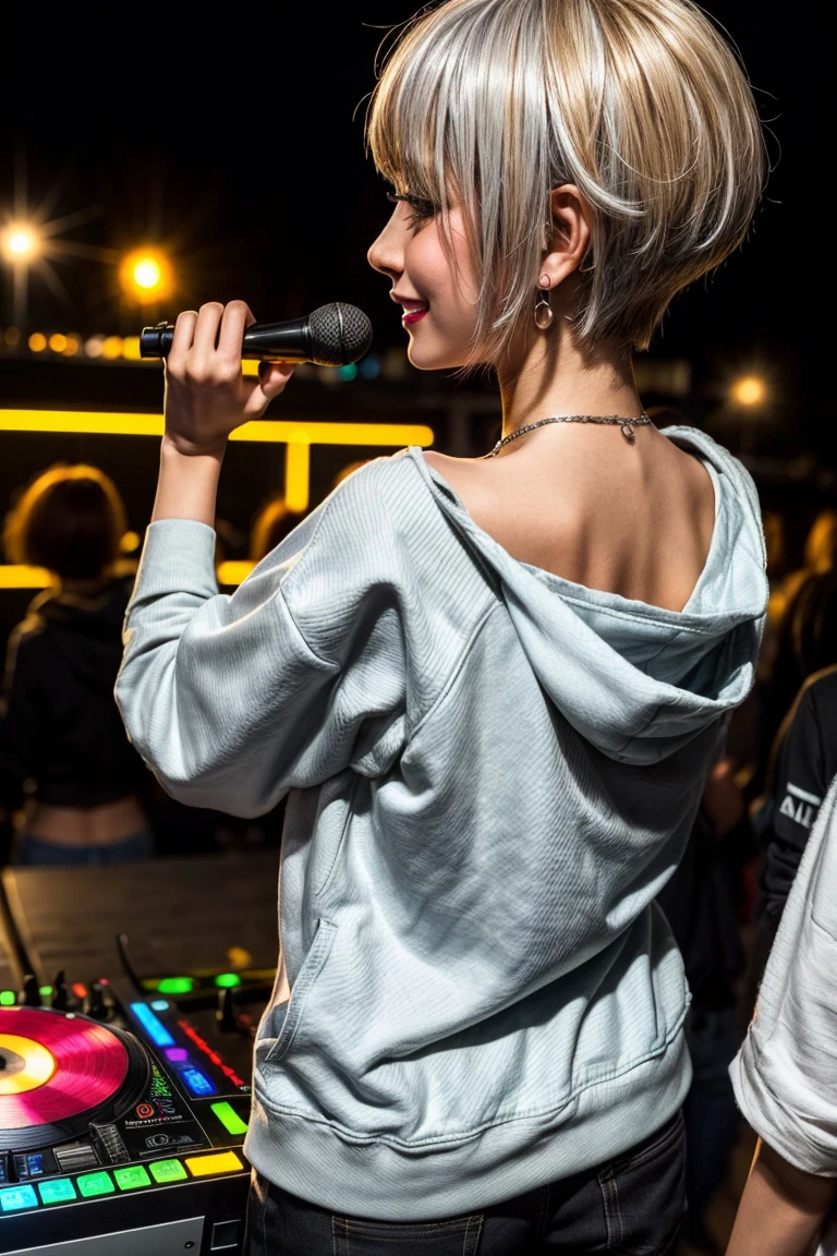 Highest quality, Tabletop, Ultra-high resolution, (Realistic:1.4), (Japanese Idols),RAW Photos, One Girl, night,Detailed skin,nightclub,Disco,(blonde:1.2), (Silver inner hair:1.3),Glossy Lips,smile,21 years old,Beautiful and beautiful eyes,eye shadow,Diamond jewellery,Earrings,Gold Jewelry,(hoodie:1.3),,(Shoulder strengthening:1.2),A well-trained body,(Pixie Cut),Round face,(playing music as a DJ:1.5), (DJ:1.2) Vibrant performances (Music Festival:1.2) and (Lively crowd:1.1) and (Colorful stage lighting:1.1), (Back view:1.5 ),Back view,(A slightly distant composition),(back of head),Composition from behind