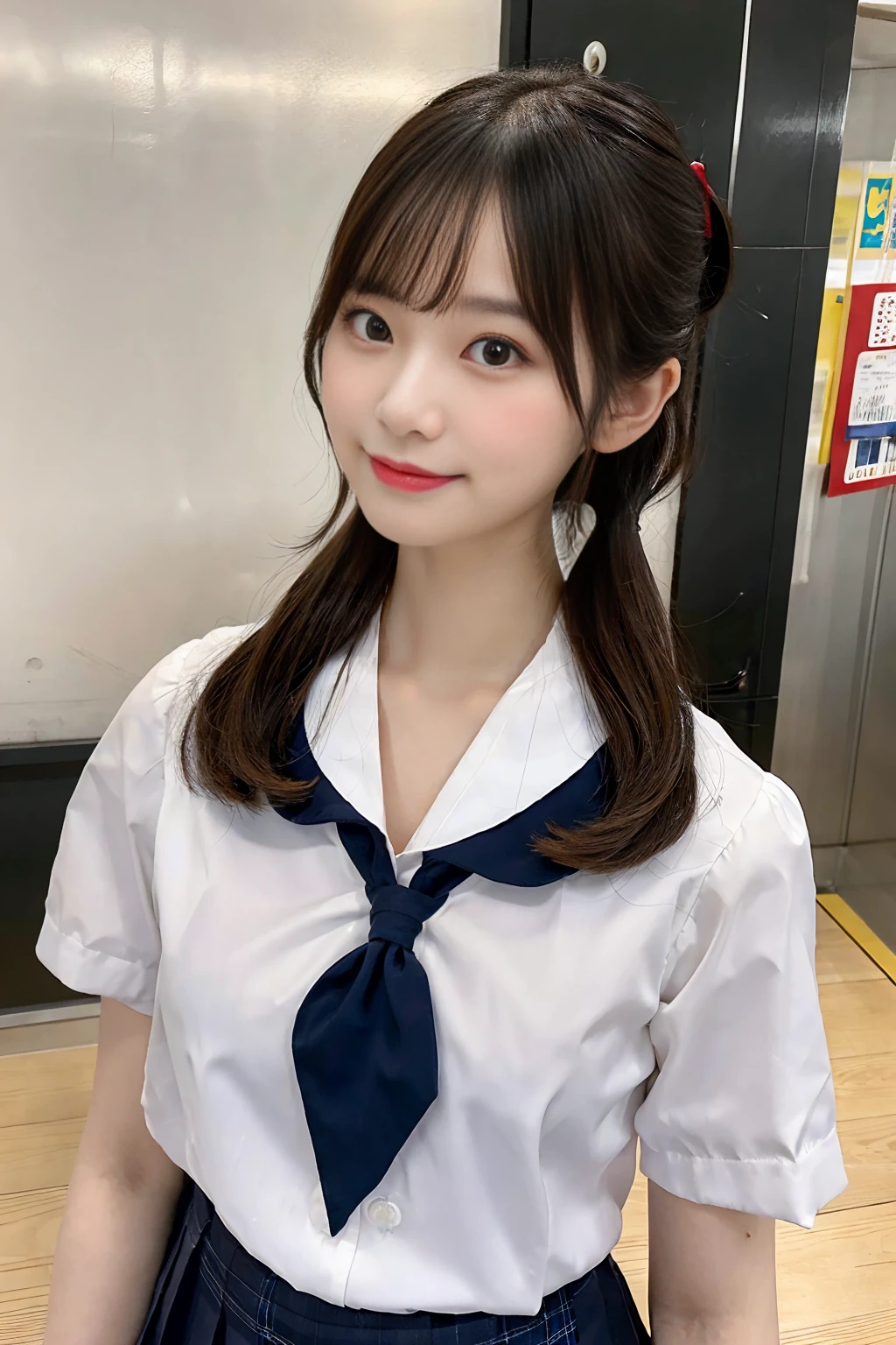 Create an image of a cute Japanese woman with a seductive smile wearing a traditional school uniform。She is wearing a traditional Japanese school uniform consisting of a sailor top and pleated skirt.、like々It emphasizes the beauty and charm of。The hair is neatly styled、Should I wear a side ponytail?、It is lowered with a natural shine.。The background is a softly blurred classroom、The warm lighting really brings out her features.。The makeup is subtle but perfect、Particular emphasis is placed on the eyes and lips to bring out her charm.。Confident、She has a slightly playful look on her face.、It exudes charm and vibrancy。It fits her body perfectly、While still maintaining a classic and attractive schoolgirl look.、Make sure it complements her style。