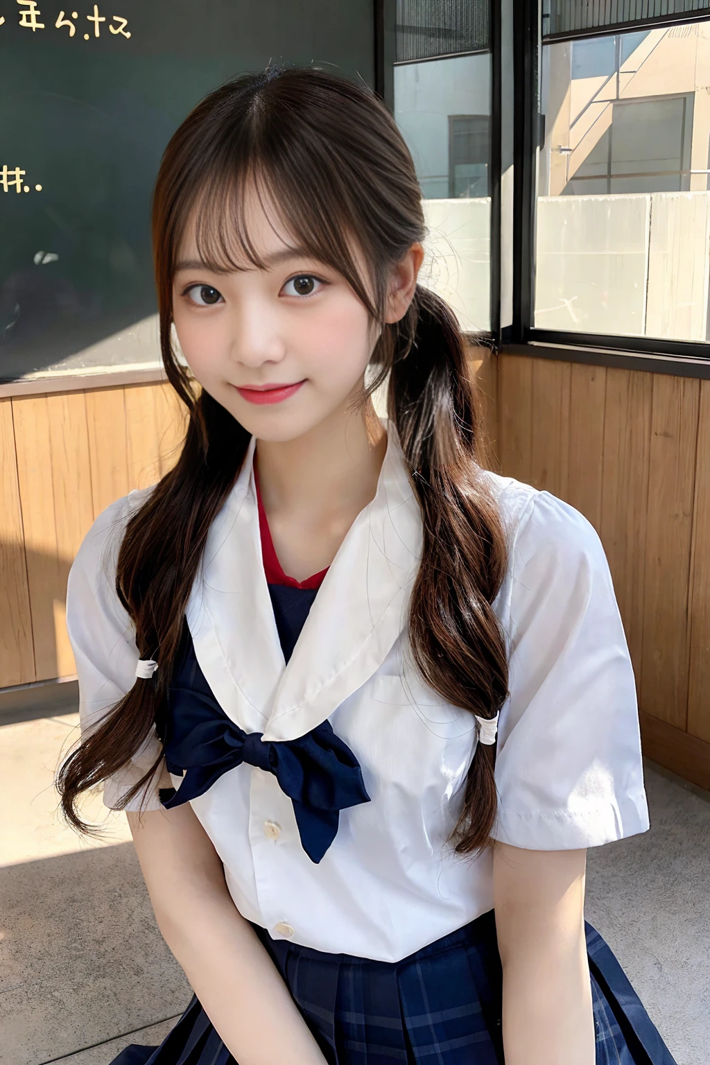Create an image of a cute Japanese woman with a seductive smile wearing a traditional school uniform。She is wearing a traditional Japanese school uniform consisting of a sailor top and pleated skirt.、like々It emphasizes the beauty and charm of。The hair is neatly styled、Should I wear a side ponytail?、It is lowered with a natural shine.。The background is a softly blurred classroom、The warm lighting really brings out her features.。The makeup is subtle but perfect、Particular emphasis is placed on the eyes and lips to bring out her charm.。Confident、She has a slightly playful look on her face.、It exudes charm and vibrancy。It fits her body perfectly、While still maintaining a classic and attractive schoolgirl look.、Make sure it complements her style。
