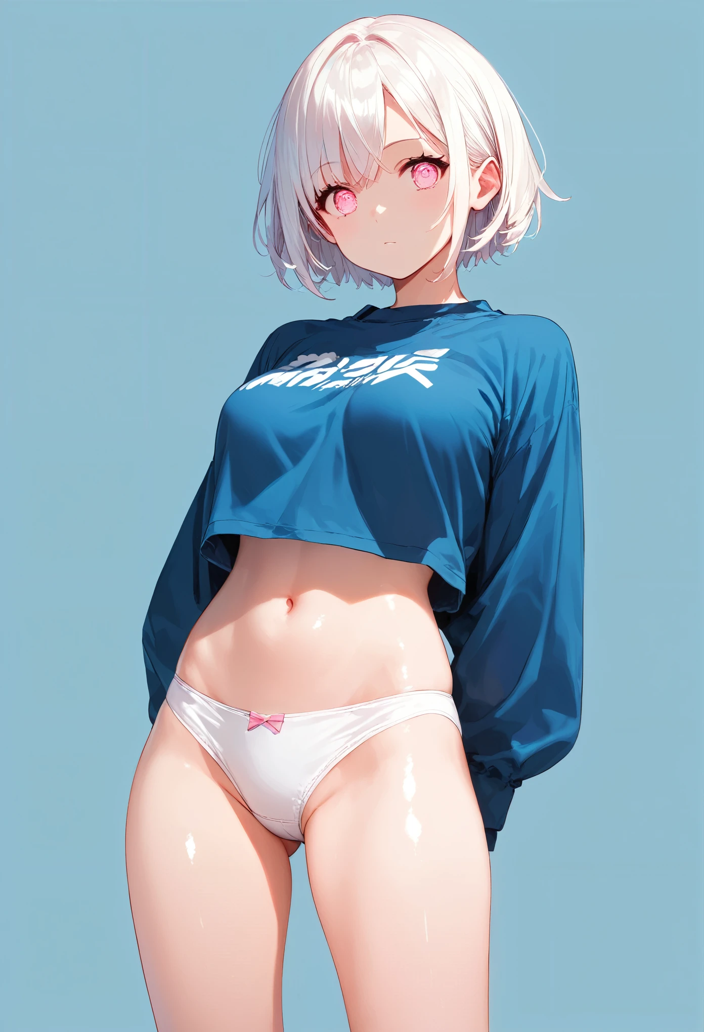 score_9, score_8_up, score_7_up,source_anime, high res image,masterpiece,best quality,girl,cute face,clear skin,shiny hair,ultra detailed eyes,simple background, jyojipan, panties, white hair, short hair, pink eyes,breast,