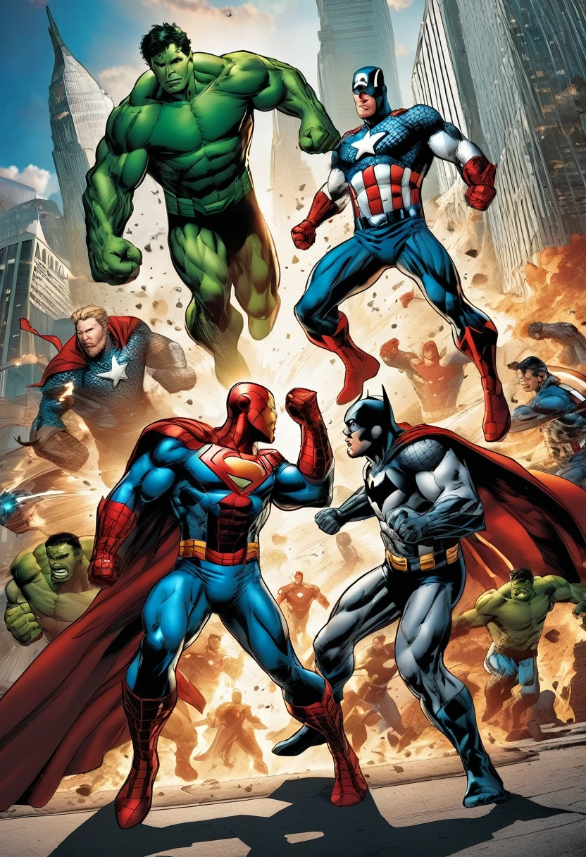 photography realistic, dslr, Create a dynamic and action-packed scene depicting an epic clash between the iconic superheroes of the Marvel and DC universes. Capture the intensity and power of their confrontation as they unleash their extraordinary abilities against one another.
Visual Elements:
Setting: A grand, futuristic cityscape serves as the backdrop for this epic battle. Towering skyscrapers and gleaming metallic structures provide a dramatic backdrop for the clashing heroes.
Characters:
Marvel Heroes: Iron Man, Captain America, Thor, Hulk, Spider-Man, Black Widow, and more.
DC Heroes: Superman, Batman, Wonder Woman, Green Lantern, Flash, Aquaman, and more.