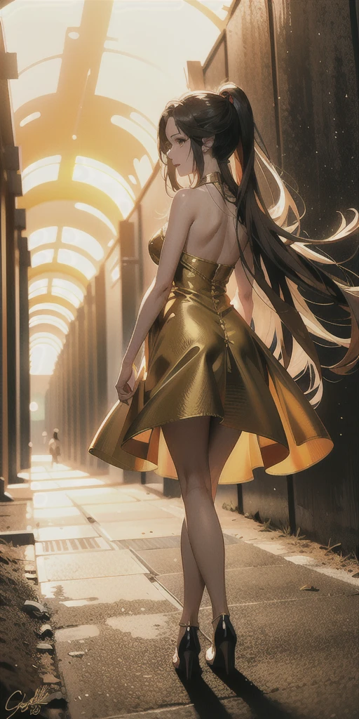 Highest quality, masterpiece, High resolution, One girl,Wearing an ankle-length dress,Ash gold hair々It is shining now,Hair down to the knees,Facing forward and walking towards the back,whole body,In a dark tunnel,The back is faintly shining
