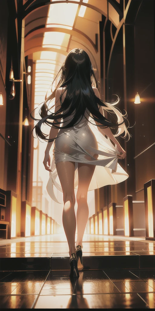 Highest quality, masterpiece, High resolution, One girl,Wearing an ankle-length dress,Ash gold hair々It is shining now,Hair down to the knees,Facing forward and walking towards the back,whole body,In a dark tunnel,The back is faintly shining