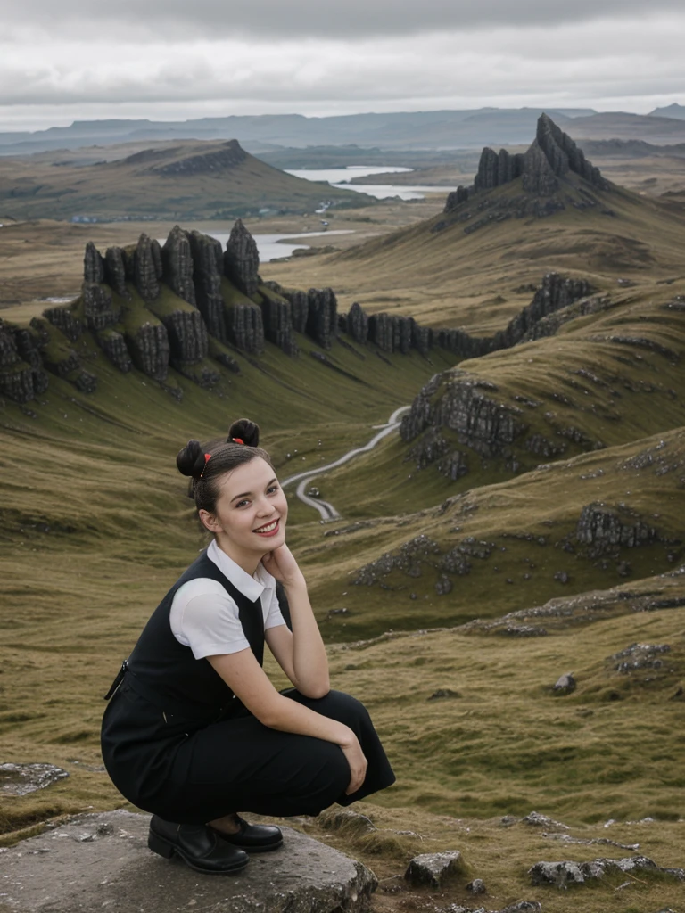 her name is Amelie, high quality, 1girl, ((25-year-old fit Caucasian woman)), ((25 years old)), ((BODY TYPE: HOURGLASS)), ((Space Buns HAIR)), SMILING, pose: SEXY POSE, wearing IN DEMAND FANCY Generation-Z modern wear VARIETY colored, BACKGROUND:"Exploring the rugged and dramatic landscapes, with the iconic Old Man of Storr and the Quiraing offering breathtaking vistas."
