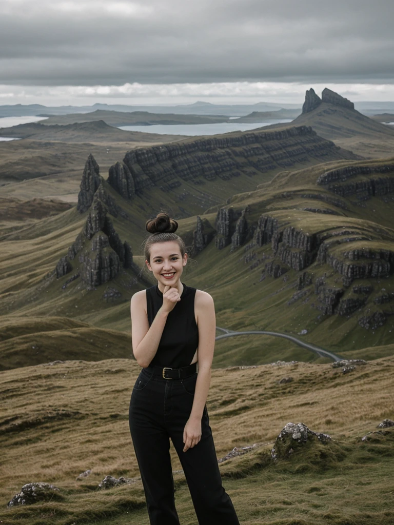 her name is Amelie, high quality, 1girl, ((25-year-old fit Caucasian woman)), ((25 years old)), ((BODY TYPE: HOURGLASS)), ((Space Buns HAIR)), SMILING, pose: SEXY POSE, wearing IN DEMAND FANCY Generation-Z modern wear VARIETY colored, BACKGROUND:"Exploring the rugged and dramatic landscapes, with the iconic Old Man of Storr and the Quiraing offering breathtaking vistas."