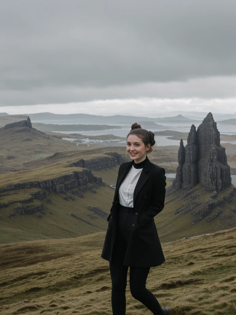 her name is Amelie, high quality, 1girl, ((25-year-old fit Caucasian woman)), ((25 years old)), ((BODY TYPE: HOURGLASS)), ((Space Buns HAIR)), SMILING, pose: SEXY POSE, wearing IN DEMAND FANCY Generation-Z modern wear VARIETY colored, BACKGROUND:"Exploring the rugged and dramatic landscapes, with the iconic Old Man of Storr and the Quiraing offering breathtaking vistas."