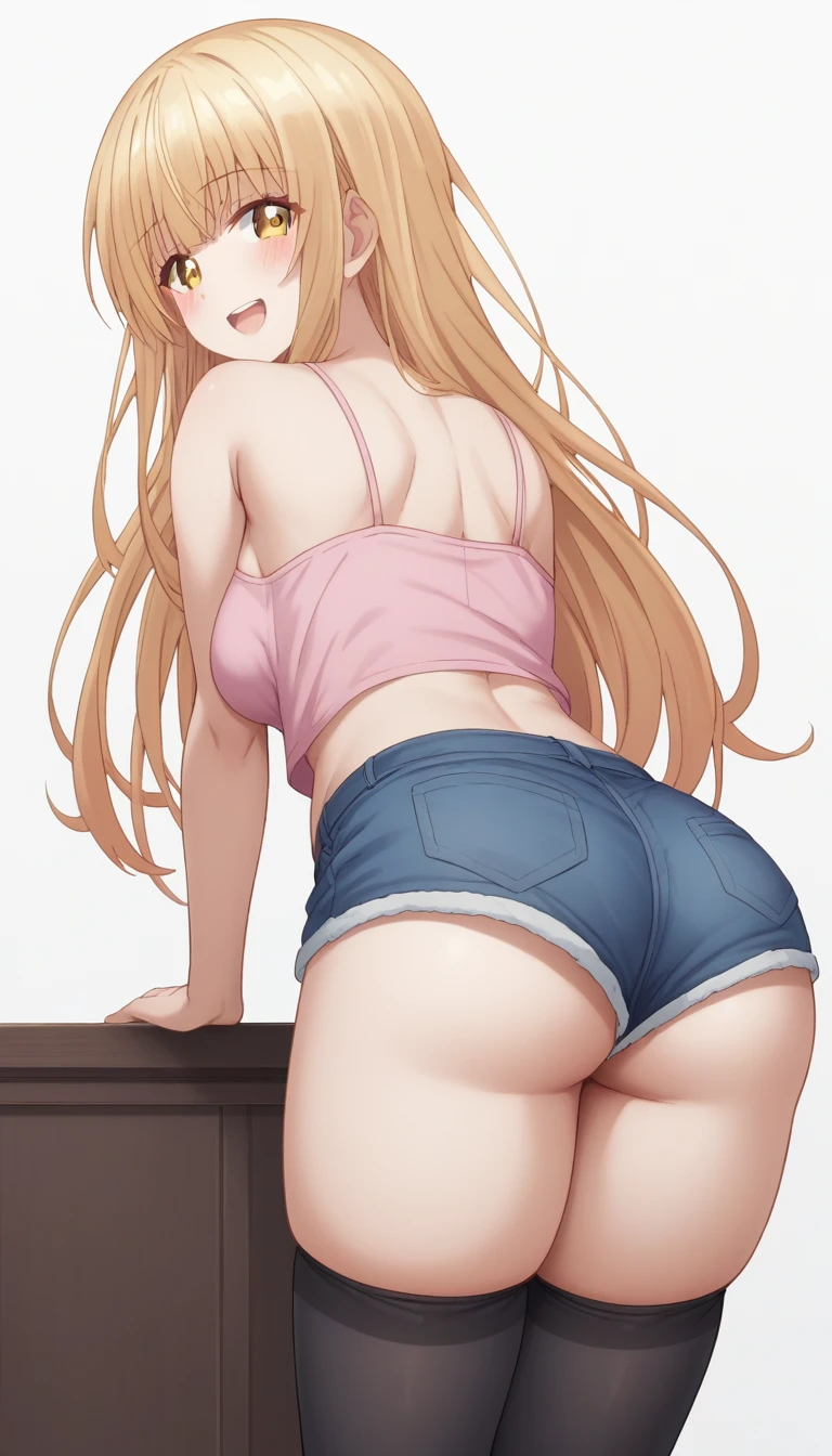 score_9, score_8_up, score_7_up, rating_explicit, 1girl, solo, MahiruShiina, otonari no tenshi-sama ni itsu no mani ka dame ningen ni sarete ita ken, shiina mahiru \(otonari no tenshi-sama\), yellow eyes, blonde hair, long hair, straight hair, medium breasts, camisole, pink camisole, crop top, shorts, denim shorts, thighhighs, black thighhighs, skindentation, bare arms, shoulder blades, from behind, cowboy shot, leaning forward, looking at viewer, looking back, ass focus, simple background, white background, blush, smile, :d, open mouth