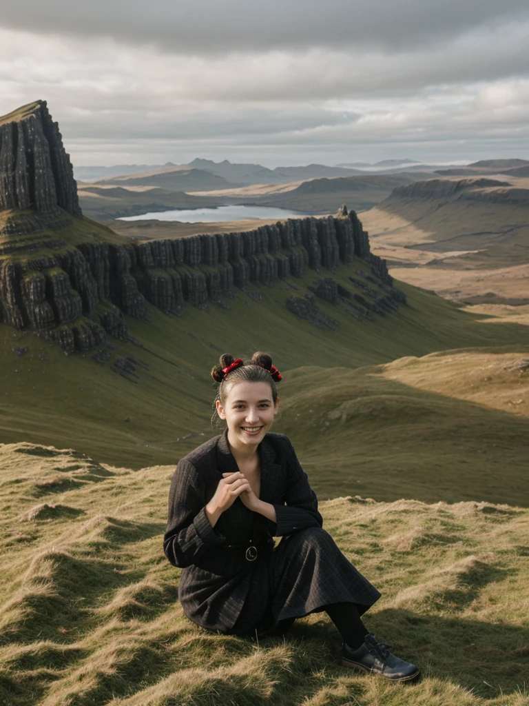 her name is Amelie, high quality, 1girl, ((25-year-old fit Caucasian woman)), ((25 years old)), ((BODY TYPE: HOURGLASS)), ((Space Buns HAIR)), SMILING, pose: SEXY POSE, wearing IN DEMAND FANCY Generation-Z modern wear VARIETY colored, BACKGROUND:"Exploring the rugged and dramatic landscapes, with the iconic Old Man of Storr and the Quiraing offering breathtaking vistas."