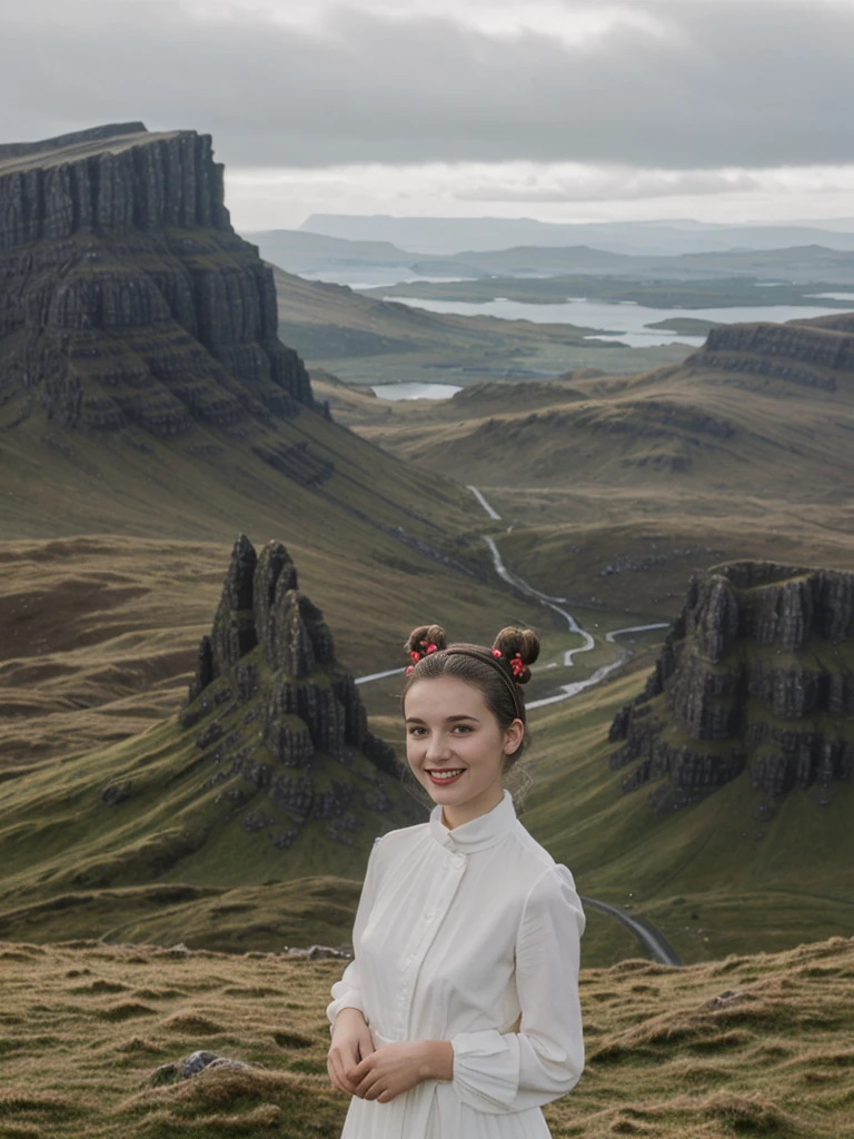 her name is Amelie, high quality, 1girl, ((25-year-old fit Caucasian woman)), ((25 years old)), ((BODY TYPE: HOURGLASS)), ((Space Buns HAIR)), SMILING, pose: SEXY POSE, wearing IN DEMAND FANCY Generation-Z modern wear VARIETY colored, BACKGROUND:"Exploring the rugged and dramatic landscapes, with the iconic Old Man of Storr and the Quiraing offering breathtaking vistas."