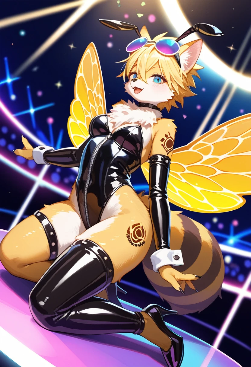 Highest quality, Highest quality, High quality illustrations, masterpiece, Ultra-high resolution, Detailed Background, club, Disco, Absurd, Perfect Anatomy, performance, Good lighting, Shadows in the movies(kemono, Furry Personifi猫ion), bee, Rubber Suit, Honey Latex, bee蜜のローション, neon, neonカラー, cyber punk, 蜜beeの衣装, 蜜beeコスプレ, ラバーの蜜beeの尻尾, Bee Wings, enamel, bee蜜のプール, bee蜜のローションを浴びている, bee蜜のスライムを纏っている, Kneeling, Tattoo, High heels, Dynamic Angle