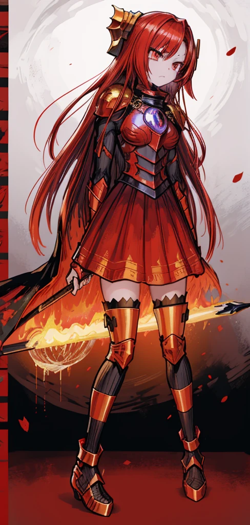 1girl, crimson armor,volcanic knight, fire knight, legendary weapon ,sfw,beautiful clothes,(masterpiece, best quality), Angry,muscular,full helmet,cape