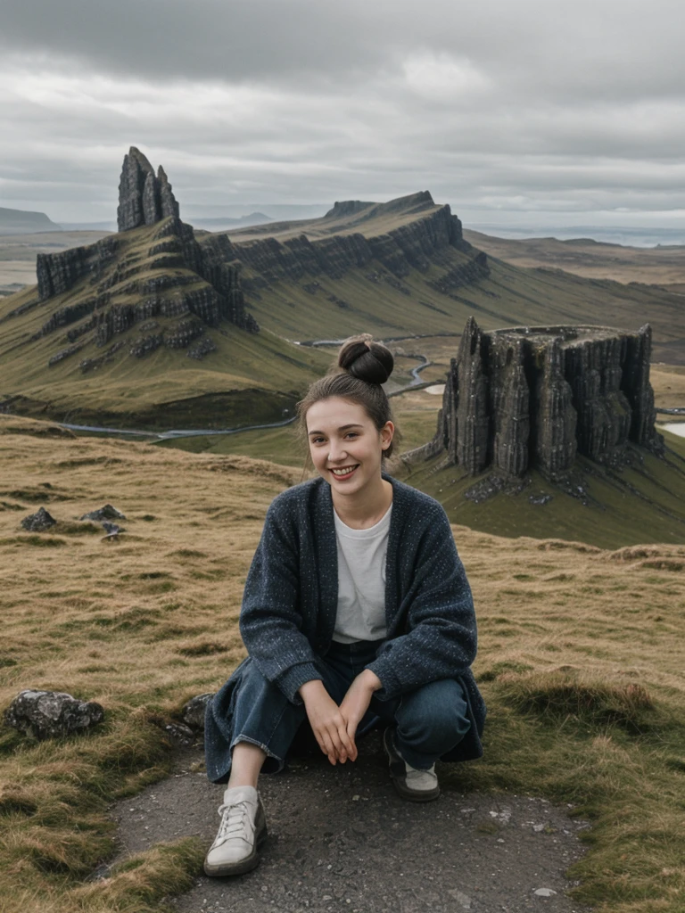 her name is Amelie, high quality, 1girl, ((25-year-old fit Caucasian woman)), ((25 years old)), ((BODY TYPE: HOURGLASS)), ((Space Buns HAIR)), SMILING, pose: SEXY POSE, wearing IN DEMAND FANCY Generation-Z modern wear VARIETY colored, BACKGROUND:"Exploring the rugged and dramatic landscapes, with the iconic Old Man of Storr and the Quiraing offering breathtaking vistas."