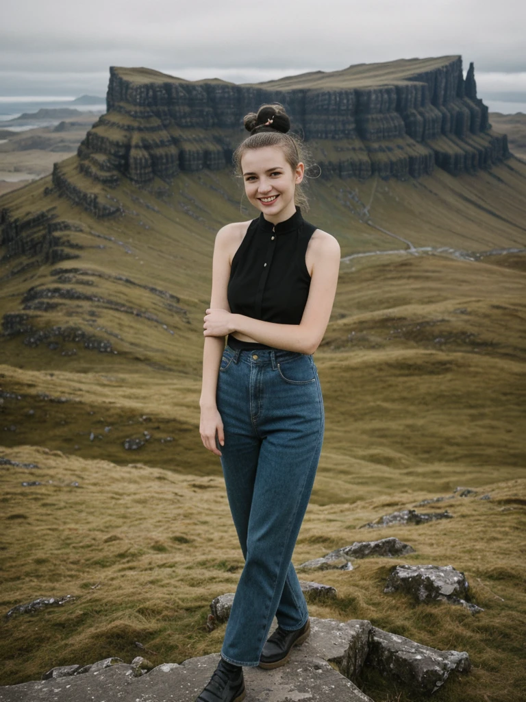 her name is Amelie, high quality, 1girl, ((25-year-old fit Caucasian woman)), ((25 years old)), ((BODY TYPE: HOURGLASS)), ((Space Buns HAIR)), SMILING, pose: SEXY POSE, wearing IN DEMAND FANCY Generation-Z modern wear VARIETY colored, BACKGROUND:"Exploring the rugged and dramatic landscapes, with the iconic Old Man of Storr and the Quiraing offering breathtaking vistas."