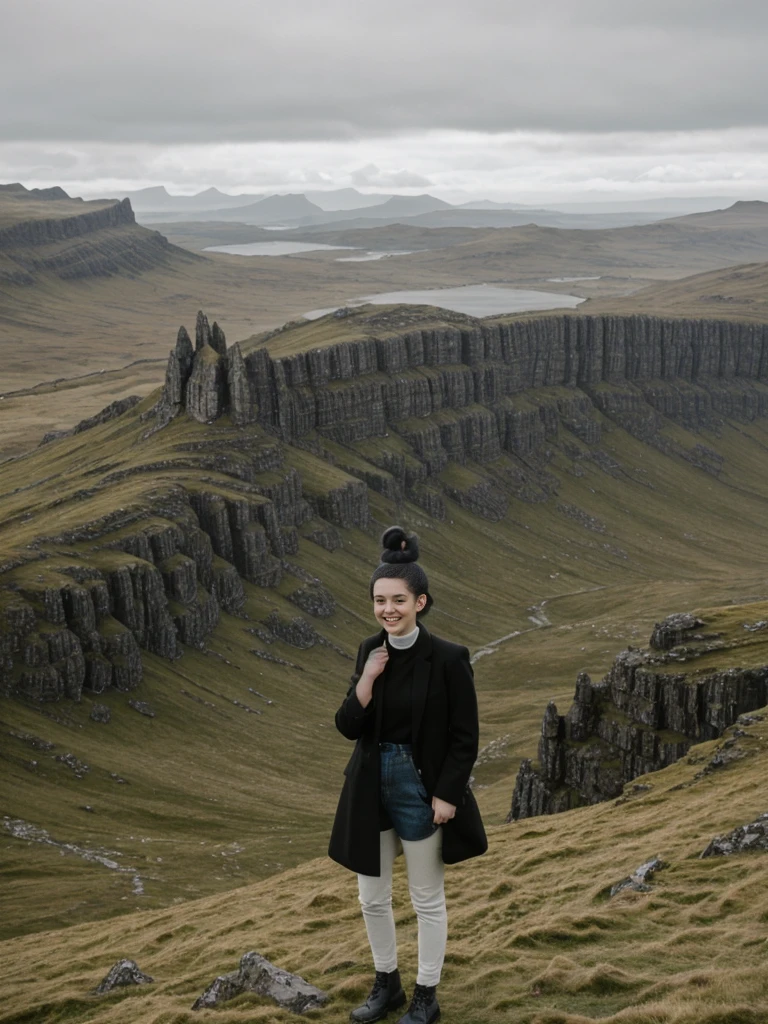 her name is Amelie, high quality, 1girl, ((25-year-old fit Caucasian woman)), ((25 years old)), ((BODY TYPE: HOURGLASS)), ((Space Buns HAIR)), SMILING, pose: SEXY POSE, wearing IN DEMAND FANCY Generation-Z modern wear VARIETY colored, BACKGROUND:"Exploring the rugged and dramatic landscapes, with the iconic Old Man of Storr and the Quiraing offering breathtaking vistas."