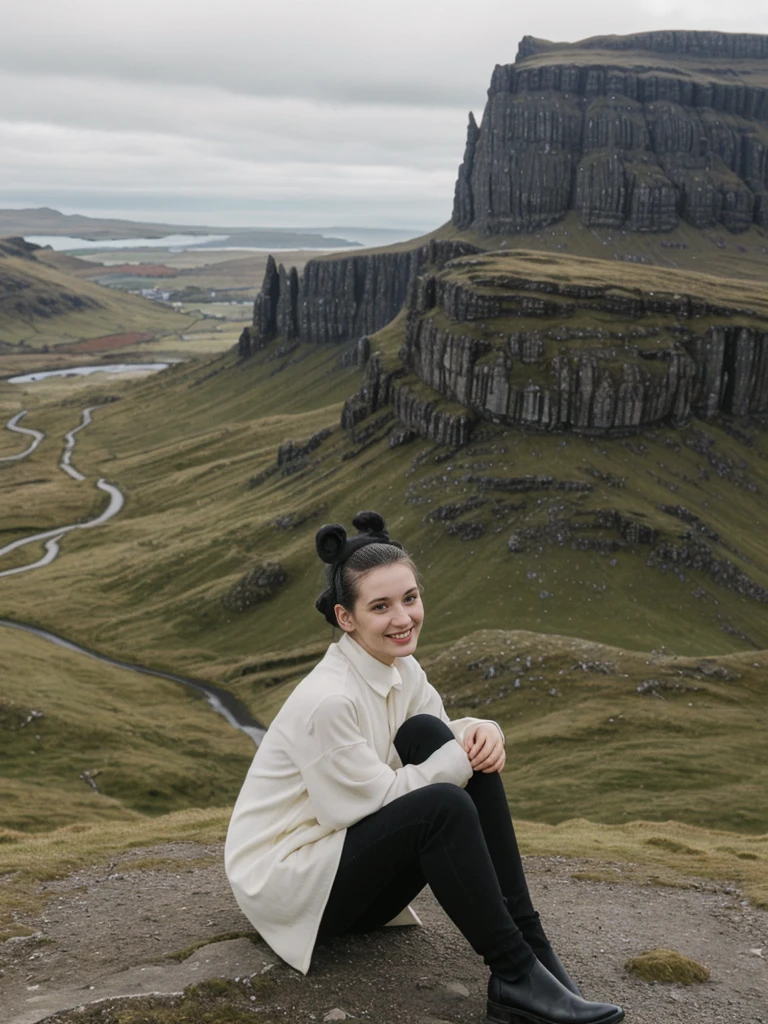 her name is Amelie, high quality, 1girl, ((25-year-old fit Caucasian woman)), ((25 years old)), ((BODY TYPE: HOURGLASS)), ((Space Buns HAIR)), SMILING, pose: SEXY POSE, wearing IN DEMAND FANCY Generation-Z modern wear VARIETY colored, BACKGROUND:"Exploring the rugged and dramatic landscapes, with the iconic Old Man of Storr and the Quiraing offering breathtaking vistas."