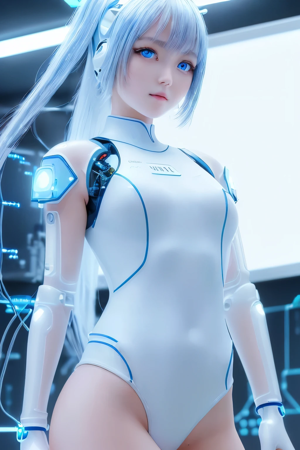 (Highest quality, High resolution, masterpiece:1.2), Very detailed, Realistic:1.37, (Perfect Anatomy),1 girl,Woman close up, Cute and perfectly beautiful Japanese idol, -yeld fee model、Super cute face,Transform into a cute cyborg,, (Blue LED eyes:1.4), (Details: A futuristic white artificial skin body transformed from a competitive swimsuit:1.3),  ,,Detailed connection lines, (Electronic circuits are visible on the surface of the body:1.4) Wires and cables connected to the head,  cybernetics, cyber punk,  Intricate decorative details, The background is the interior of a robotic operating room..,,Monitor screen