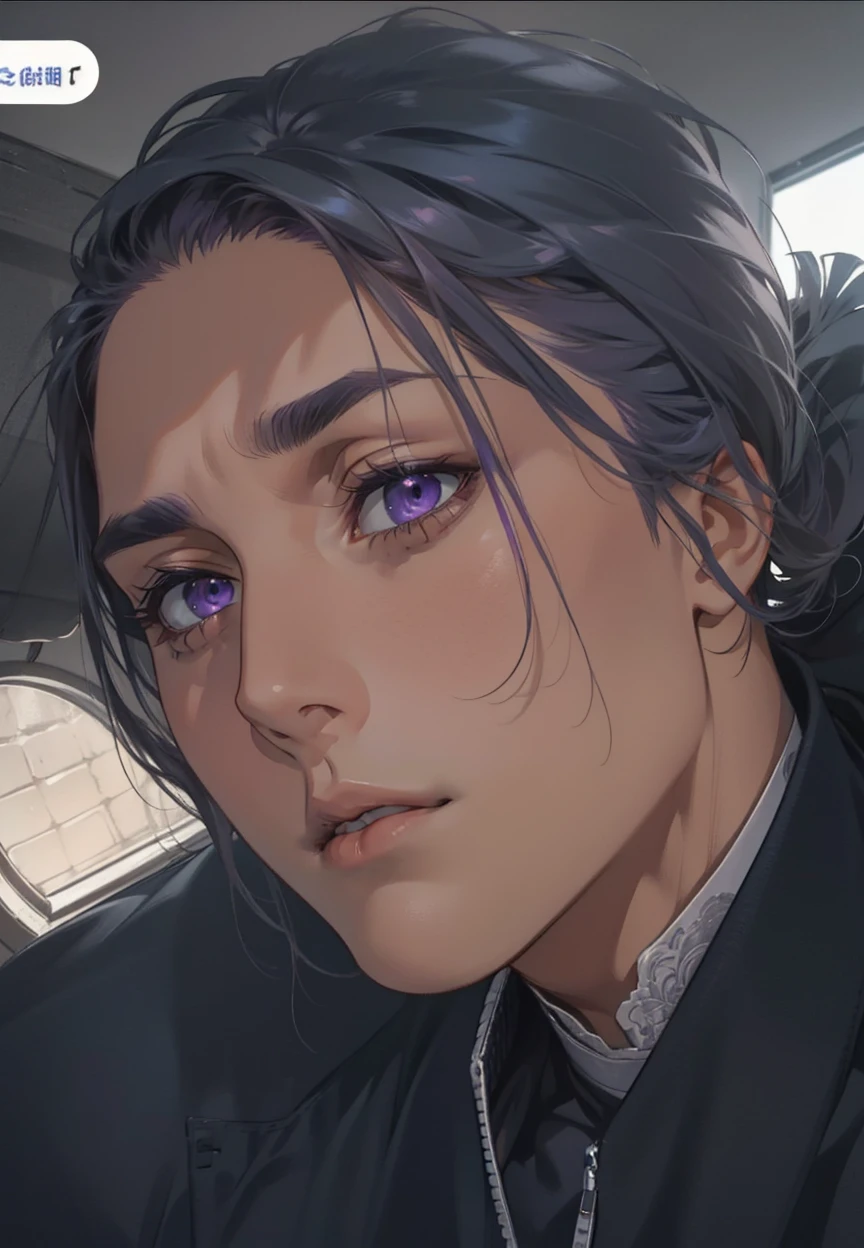 masterpiece, best quality, realistic, 1man, male focus, male model, tall muscular, handsome, closed mouth, simple clothes, portrait,extremely detailed face, low ponytail white hair, flying bangs, purple eyes, white background, simple background, SIDE VIEW, looking at the viewers, view from the back, lavender field, MALE ONLY, MALE