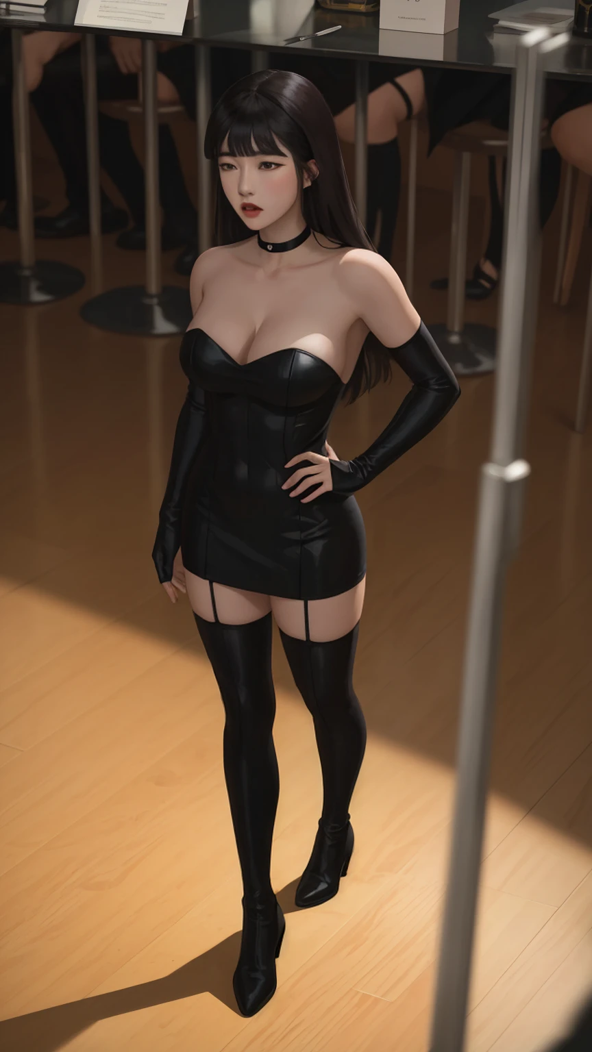 ((Full body photo, standing, on the floor)) 8k,highres,absurdres,masterpiece,best quality,original,extremely detailed CG,extremely detailed wallpaper,perfect lighting,1girl,solo,blurry_background,looking_at_viewer,standing on the stage,
CARTOON_DC_JL_ZatanaDark_ownwaifu,black hair,long hair,breasts,bangs,blunt bangs,blue eyes,lipstick,dress,makeup,large breasts,collarbone,hime cut,lips,black lips,white dress,toned,muscular,choker,bare shoulders,cleavage,elbow gloves,gloves,detached sleeves,strapless,black collar,black gloves,fingerless gloves,pants,strapless dress,