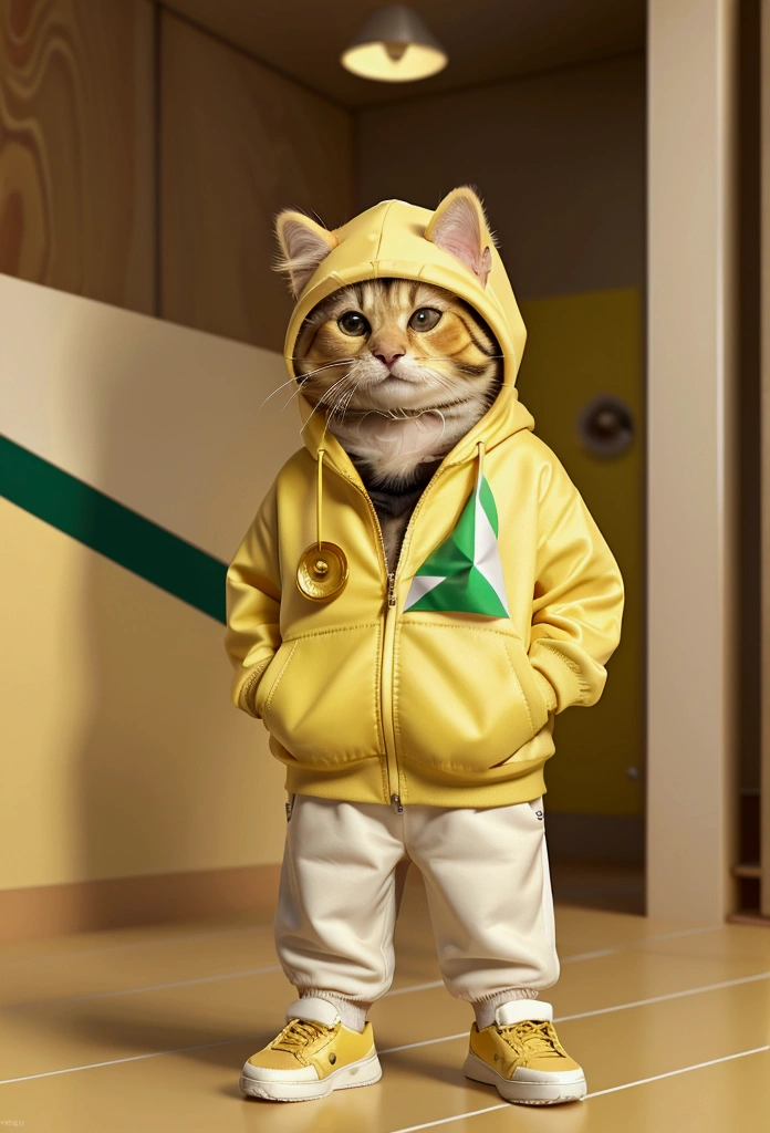 a cute golden retreiver dog, Wearing a casual suit with a yellow hood, White sneakers, Sad expression, Cute digital illustration art, masterpiece, best quality, sad cat, carrying a Palestinian flag, with a microphone beside him, Abstractionism