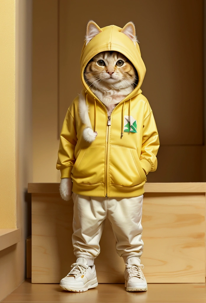 a cute golden retreiver dog, Wearing a casual suit with a yellow hood, White sneakers, Sad expression, Cute digital illustration art, masterpiece, best quality, sad cat, carrying a Palestinian flag, with a microphone beside him, Abstractionism