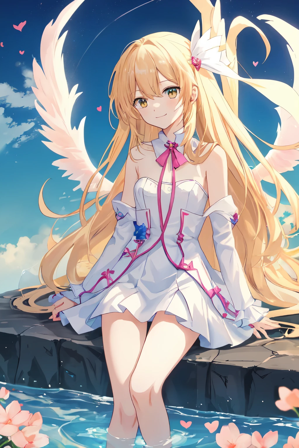 1_girl, (anime, kawai:2), (masterpeice, best_quality, clean:1.5), (sky_background:1.2), (cute, cute_smile, wholesome, young:1.8), (delicate, extremely_delicate, beautiful, thin:1.5), (girlfriend, angel:1.8), (green_eyes, simple_eyes:1.8) (long_hair, blond_hair, wearing_pink_dress, pink_angel_wings:1.5), (combat:1.2), extremely_delicate, (love_magic:1.5), (age_size_fits_body), (small_thighs:1.3), (breasts), (eye_level:1.3), (heart_magic, love:1.5), (folded_legs:1.5)