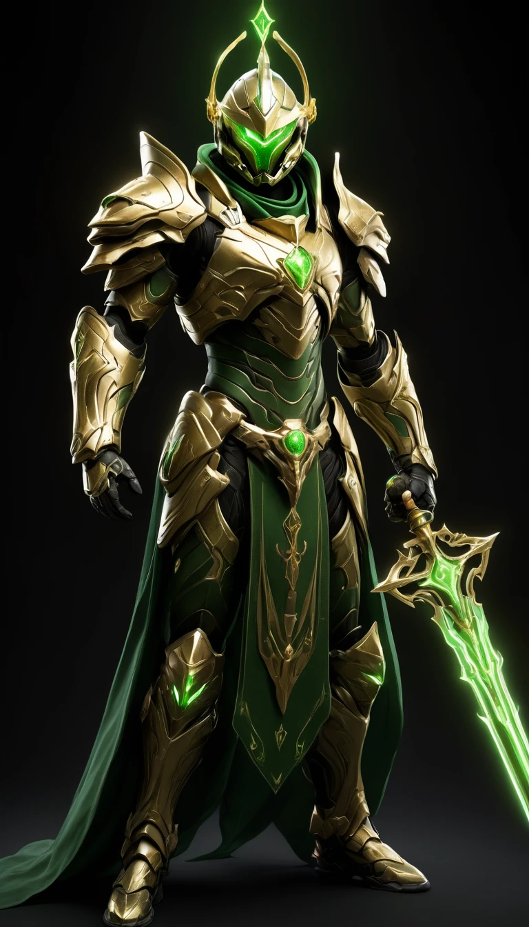 Masterpieces, male, Holy Gold Knight, Action style shot, (Battle Priest in a warframe and halo style armor wielding a staff with cross top imbued with radiant green light, emanating potent green light magic.), (green and gold color scheme), (cross on chest), (white cape and hood), (action shot: holding staff with both hands), white and green tabard (solid gold color background), (green magic effects), centered, full body shot fighting, sci-fi knight, Halo master chief, vibrant colors, visible figure joints, cinematic shot, volumetric lighting, intricate pattern detail, highly detailed