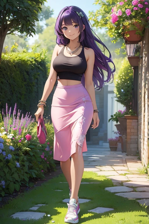 ((masterpiece, best quality, ultra-detailed)), 1girl, beautiful woman walking through a summer garden, smiling, wearing pink tank top, bracelet, necklace, black midi pencil skirt, long tight skirt, sneakers, full body, purple hair