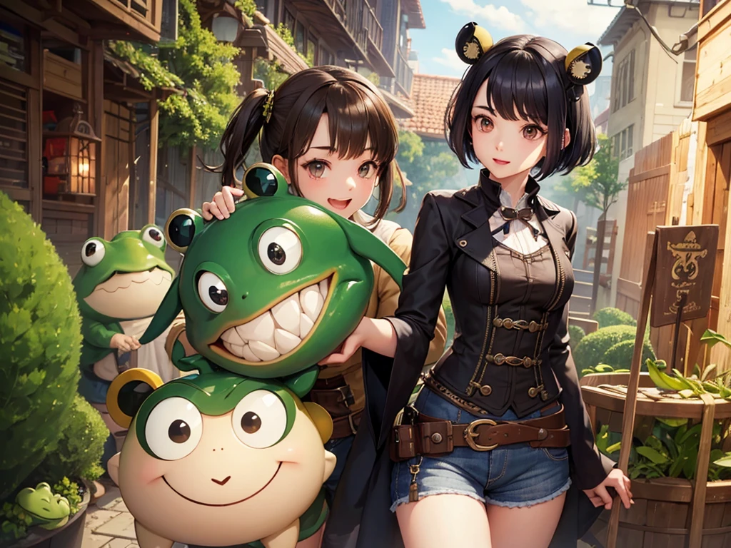 Middle parted hair、short hair、Frog-like face、Distant eyes、Big Mouth、Low Nose、front、steampunk、Shorts、Are standing、One Woman