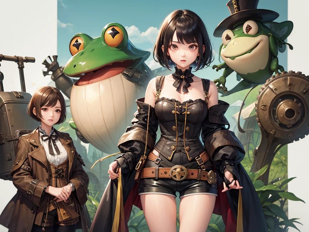 Middle parted hair、short hair、Frog-like face、Distant eyes、Big Mouth、Low Nose、front、steampunk、Shorts、Are standing、One Woman
