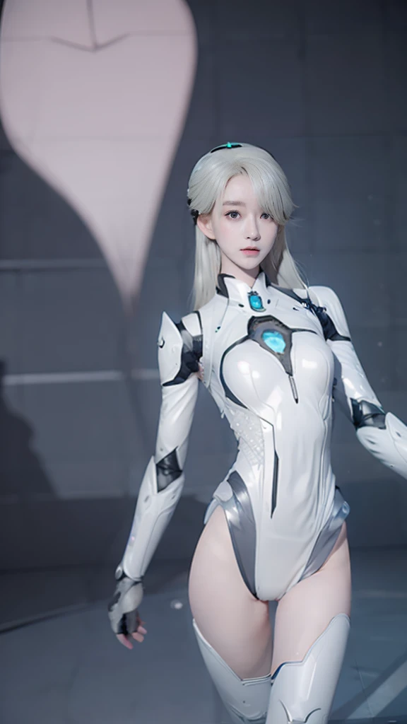 best quality, 1080P, Masterpiece, Whole body photo, Ultra high resolution, photorealistic photo, ultra realism, Realistic skin texture, Light blonde hair, Extreme skin detail, dslr, Beautiful and detailed eyes:1.1, (The right eye is red and the left eye is green.),Facing the camera, Very beautiful face, Firm facial structure, Pale skin, Realistic skin texture, Extreme skin detail, oc render reflection textures, Realistic light and shadow, One picture, alone, The body is slender and balanced.., Age 20, Height 170, no underwear, Flat stomach, (White shiny leather bodysuit), full body view, Whole body photo, sexy pose, A girl with the body of a mechanical robot., Transparent futuristic white glass mech armor suit, The mechanical cervix is attached to the neck., Woman with perfect mechanical arms and legs,