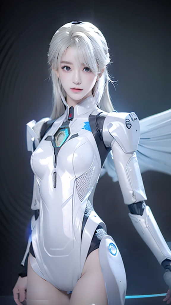 best quality, 1080P, Masterpiece, Whole body photo, Ultra high resolution, photorealistic photo, ultra realism, Realistic skin texture, Light blonde hair, Extreme skin detail, dslr, Beautiful and detailed eyes:1.1, (The right eye is red and the left eye is green.),Facing the camera, Very beautiful face, Firm facial structure, Pale skin, Realistic skin texture, Extreme skin detail, oc render reflection textures, Realistic light and shadow, One picture, alone, The body is slender and balanced.., Age 20, Height 170, no underwear, Flat stomach, (White shiny leather bodysuit), full body view, Whole body photo, sexy pose, A girl with the body of a mechanical robot., Transparent futuristic white glass mech armor suit, The mechanical cervix is attached to the neck., Woman with perfect mechanical arms and legs,
