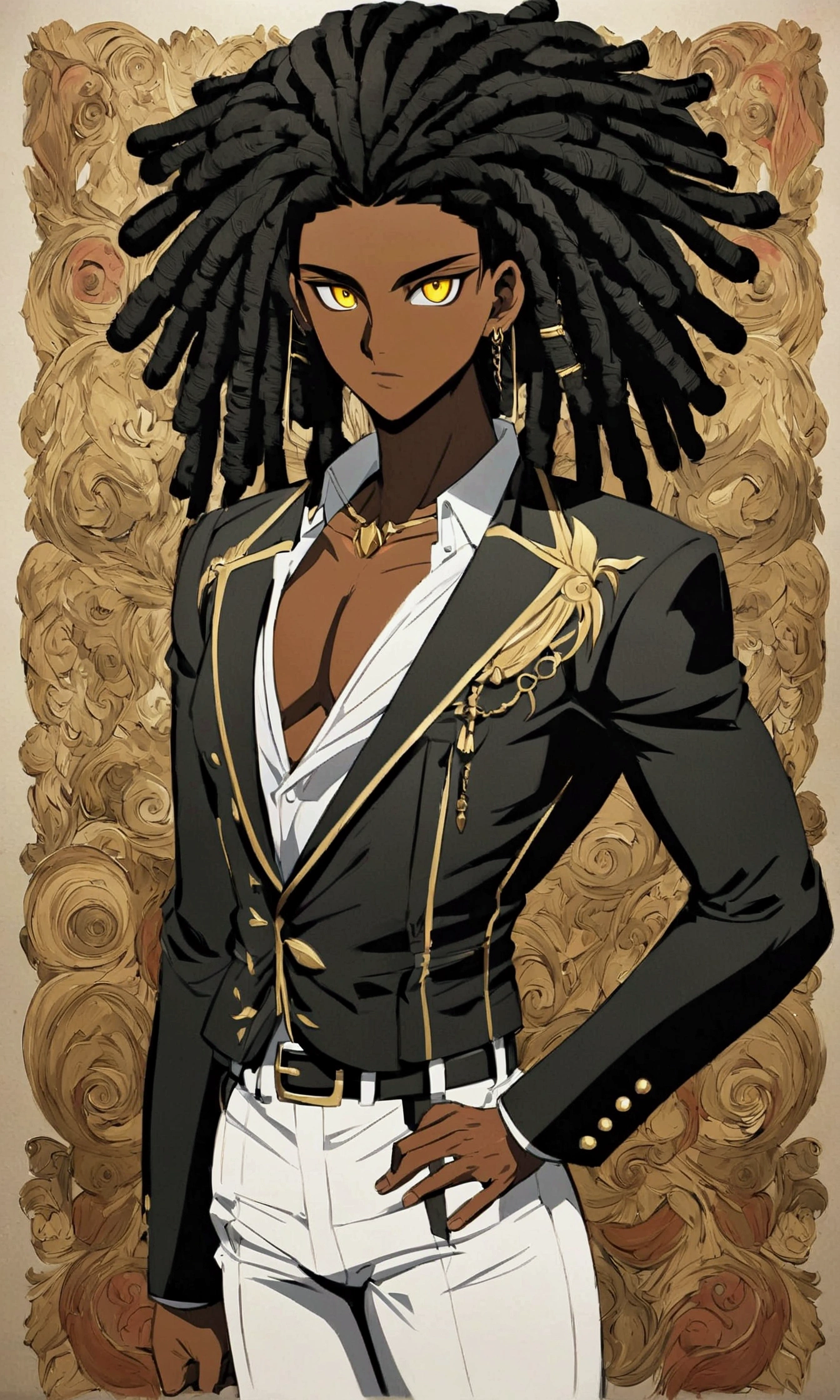 Dark-skinned young man, yellow eyes and black jacket, Dreadlocks azul claro, not anime style, colourful drawing, unrealistic character concept, Portrait of my character concept, detailed portrait of the character, anime style character, anime style portrait, a character portrait, cel - shaded art style, His outfit consists of a black, unbuttoned blazer with gold buttons on the front of the blazer and at the bottom of the sleeves and he wears a white V-neck shirt, White pants, a large black belt with a gold buckle, a smaller black belt hanging from the side of the hip, and is wearing beige shoes with black buckles, inspirado por King of Fighte