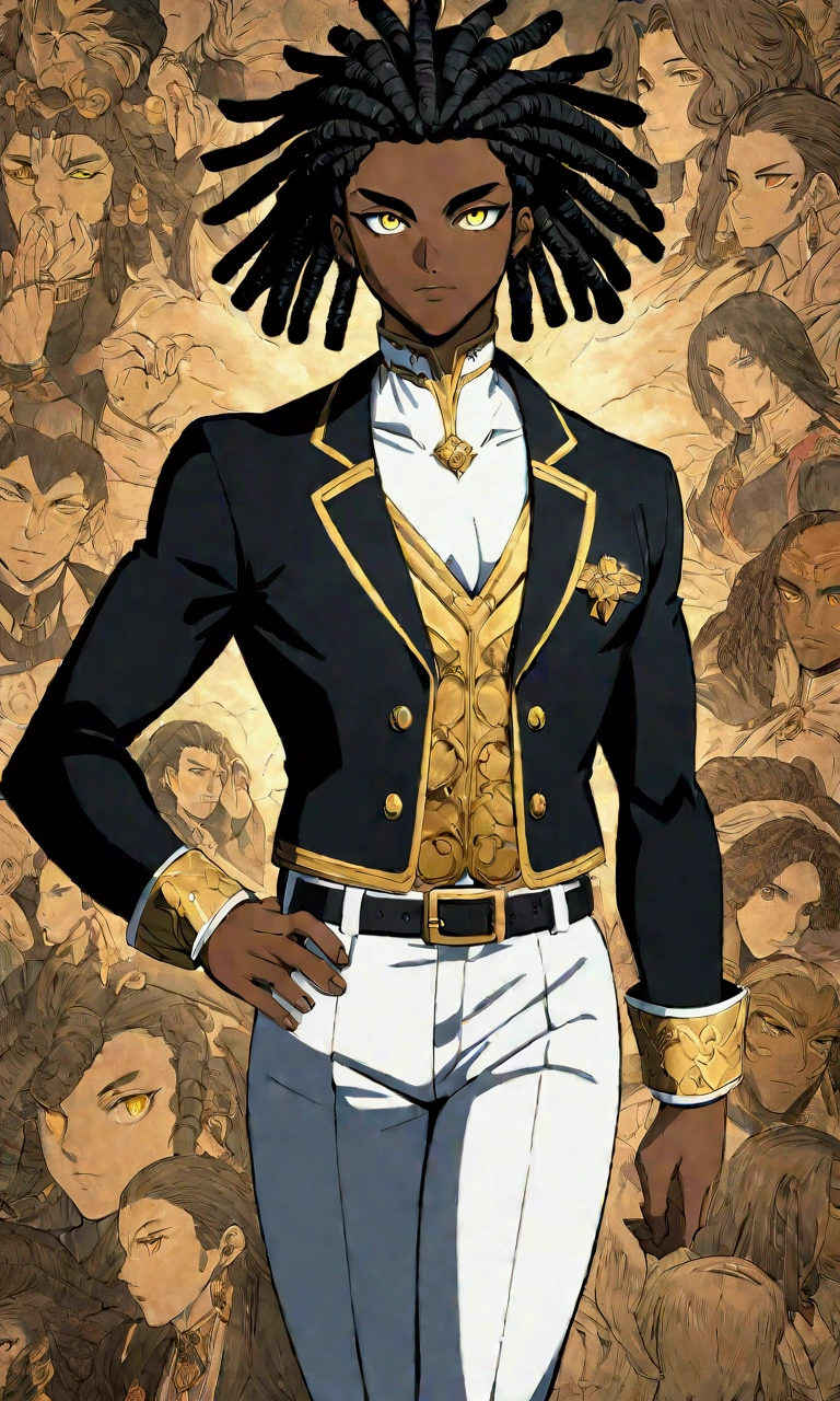 Dark-skinned young man, yellow eyes and black jacket, Dreadlocks azul claro, not anime style, colourful drawing, unrealistic character concept, Portrait of my character concept, detailed portrait of the character, anime style character, anime style portrait, a character portrait, cel - shaded art style, His outfit consists of a black, unbuttoned blazer with gold buttons on the front of the blazer and at the bottom of the sleeves and he wears a white V-neck shirt, White pants, a large black belt with a gold buckle, a smaller black belt hanging from the side of the hip, and is wearing beige shoes with black buckles, inspirado por King of Fighte