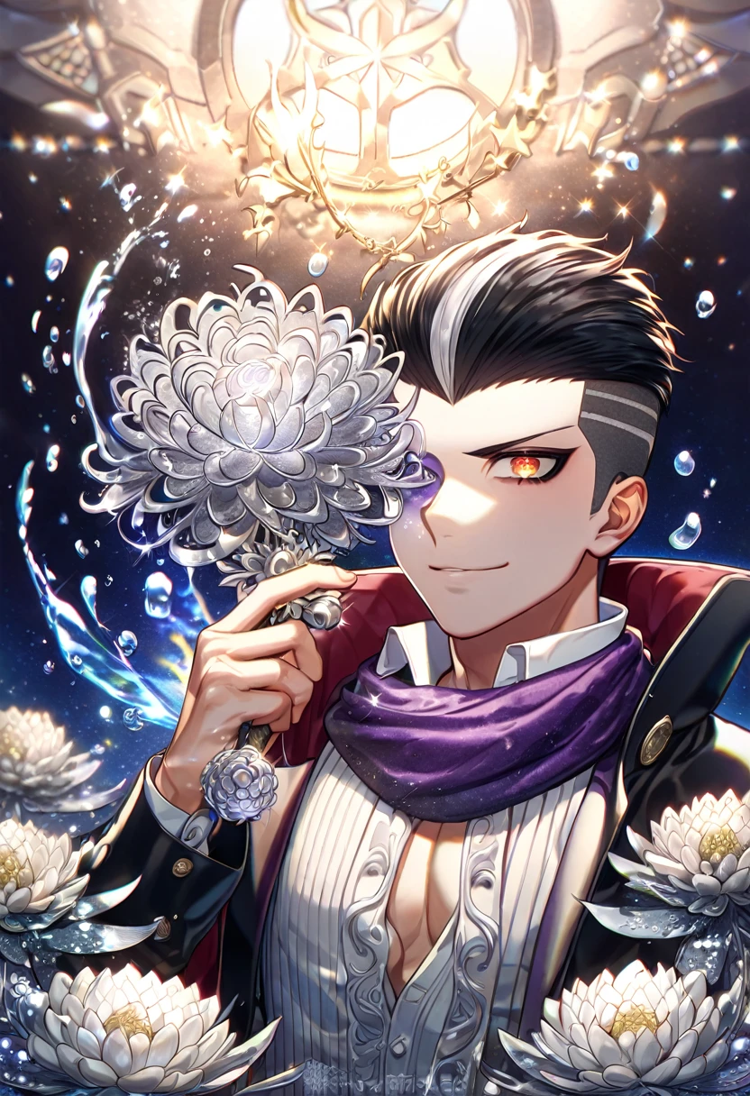 absurdres, highres, ultra detailed, HDR, master piece, best quality, extremely detailed, Tanaka Gundham, black hair, heterochromia, right eye red, left eye gray, Danganronpa 2, solo, sexy man, handsome, smile, sensual, purple scarf, black coat, white shirt, fantasy, water, sparkling, silver glittering fireflies, silver moon, silver blossoms, silver chrysanthemums, silver sparkling lights, starry sky,