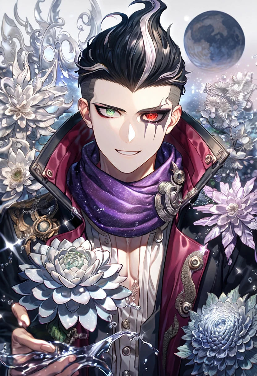 absurdres, highres, ultra detailed, HDR, master piece, best quality, extremely detailed, Tanaka Gundham, black hair, heterochromia, right eye red, left eye gray, Danganronpa 2, solo, sexy man, handsome, smile, sensual, purple scarf, black coat, white shirt, fantasy, water, sparkling, silver glittering fireflies, silver moon, silver blossoms, silver chrysanthemums, silver sparkling lights, starry sky, 