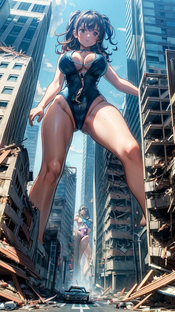 Analog illustration style ((((((A girl in a huge swimsuit is kicking a skyscraper on the street in a city destroyed by an earthquake))))))) ((A destroyed city engulfed in flames) )) ((Fire)) ((Destroyed building)) ((Destroyed car)) ((Pile of rubble)) 90's Giant ((Cloudy sky)) Full body of a huge female girl Destroyed skyscrapers, destroyed cars, crowds Unreal Engine, cleavage, cleavage, earrings, long hair, 1980s (style)