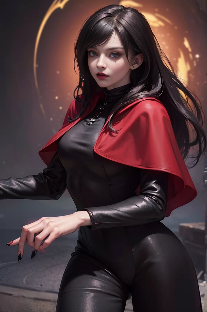 (skindentation:1.5), Realistic, Photorealistic, (masterpiece:1.5), concept art, intricate details, highly detailed, photorealistic, octane render, 8k, unreal engine, dynamic pose, best quality, highres, (realistic face:1.1), (hyperrealistic:1.1), (((upper body only))), perfect eyes,(shiny skin:1.2), (((hairstyle))), (((perfect handtremely detailed background), ((dynamic background)), ((1girl)), (((wearing black jumpsuit, dark red long wizard cape))), ((detailed eyes, high quality eyes, high quality face)), (extremely intricate cape), red long hair tie into two ponytails, dramatic, depth of field, bokeh, 4k, (((underworld))), (((black magic witch))), (((fierce eyes))), ((dark eye liners and eye shadow))