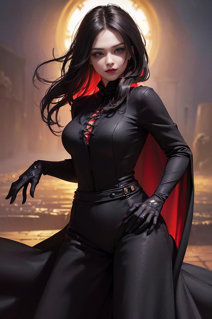 (skindentation:1.5), Realistic, Photorealistic, (masterpiece:1.5), concept art, intricate details, highly detailed, photorealistic, octane render, 8k, unreal engine, dynamic pose, best quality, highres, (realistic face:1.1), (hyperrealistic:1.1), (((upper body only))), perfect eyes,(shiny skin:1.2), (((hairstyle))), (((perfect handtremely detailed background), ((dynamic background)), ((1girl)), (((wearing black jumpsuit, dark red long wizard cape))), ((detailed eyes, high quality eyes, high quality face)), (extremely intricate cape), red long hair tie into two ponytails, dramatic, depth of field, bokeh, 4k, (((underworld))), (((black magic witch))), (((fierce eyes))), ((dark eye liners and eye shadow))