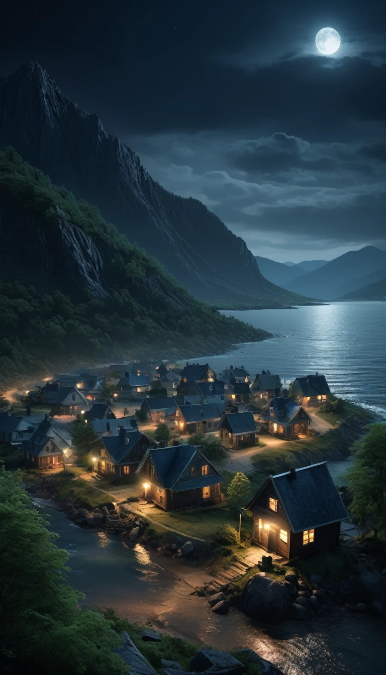 Scary horror image of a small, reclusive town in the northeast, where the sea met the mountains,   the night, PICTURE REALISTIC, high resolution, 8k 