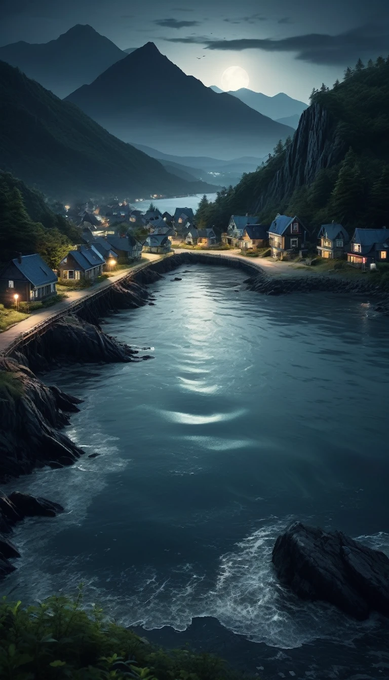 Scary horror image of a small, reclusive town in the northeast, where the sea met the mountains, the night, PICTURE REALISTIC, high resolution, 8k