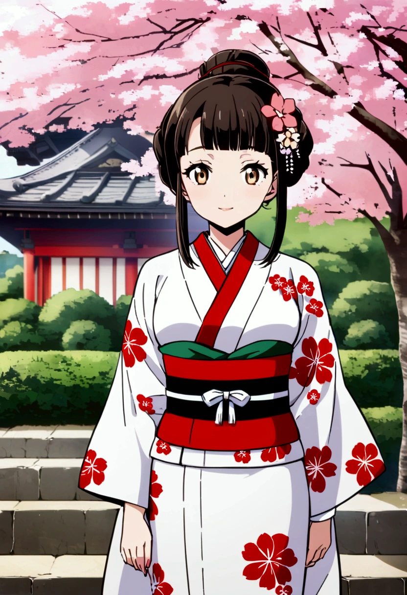 With Kiyomizu-dera Temple in Kyoto in the background Girl in floral kimono Anime Style