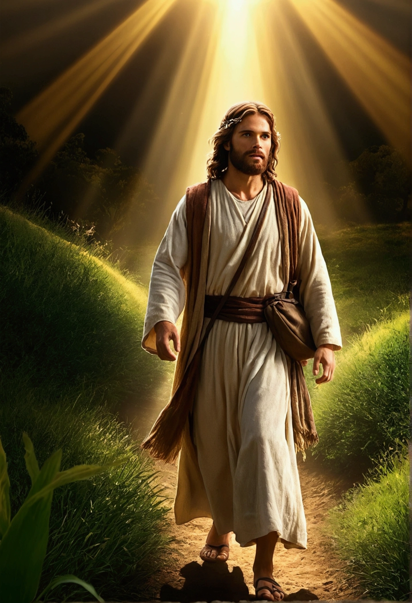 Jesus caminando en un sendero de pasto, Jesus caminando agarrando a un niño, Jesus, the lord and savior, biblical image, bright light masterpiece, 4k post, 4k post, epic biblical representation, beautiful image ever created, Greg Olsen, beautiful representation, 368k movie, ! holding in your hand !, biblical epic movie, Young God Almighty