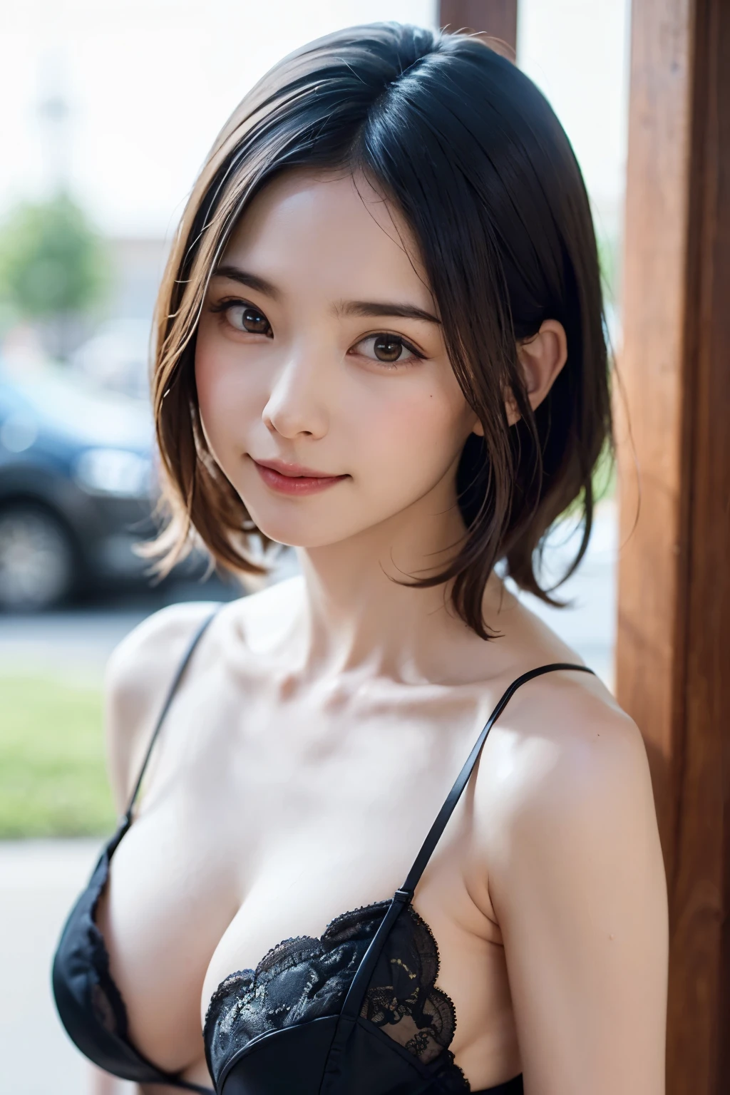 masutepiece, Best Quality, Illustration, Ultra-detailed, finely detail, hight resolution, 8K Wallpaper, Perfect dynamic composition, Beautiful detailed eyes, Women's Fashion Summer,Medium Hair,Small breasts natural color lip, Bold sexy poses,Smile,Harajuku、20 years girl、Cute、Sexy shot looking at camera