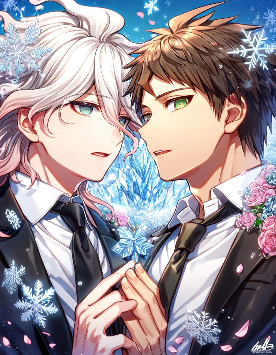 Ultra detailed, HDR, Highres, absurdres, master piece, Hinata Hajime, brown hair, expressive green eyes, Komaeda Nagito, white hair, expressive green-gray eyes, black jacket, white shirt, black necktie, Danganronpa, handsome, ice glittering butterflies, ice, petals, ice pink glass flowers, glittering, fantasy, magical, snowflakes, cold, two sexy man together, gay couple, yaoi, love