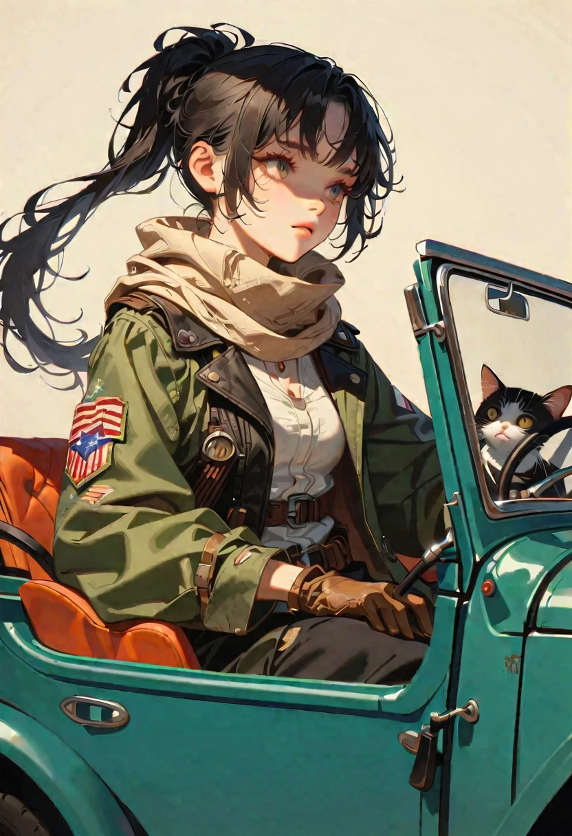Style 9, A woman with straight black hair in a ponytail, Iris, Wearing old post-apocalyptic clothing, scarf, gloves, goggles, Sitting in an old car. Cat、American Shorthair