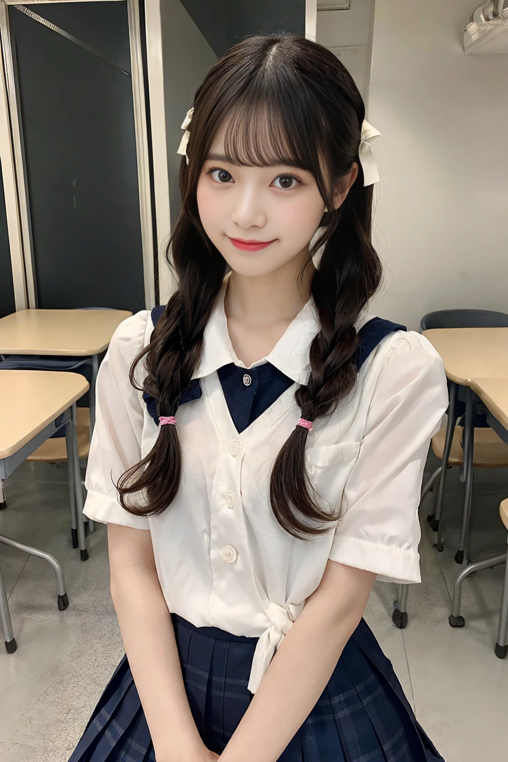 Create an image of a cute Japanese woman with a seductive smile wearing a traditional school uniform。She is wearing a traditional Japanese school uniform consisting of a sailor top and pleated skirt.、like々It emphasizes the beauty and charm of。The hair is neatly styled、Should I wear a side ponytail?、It is lowered with a natural shine.。The background is a softly blurred classroom、The warm lighting really brings out her features.。The makeup is subtle but perfect、Particular emphasis is placed on the eyes and lips to bring out her charm.。Confident、She has a slightly playful look on her face.、It exudes charm and vibrancy。It fits her body perfectly、While still maintaining a classic and attractive schoolgirl look.、Make sure it complements her style。