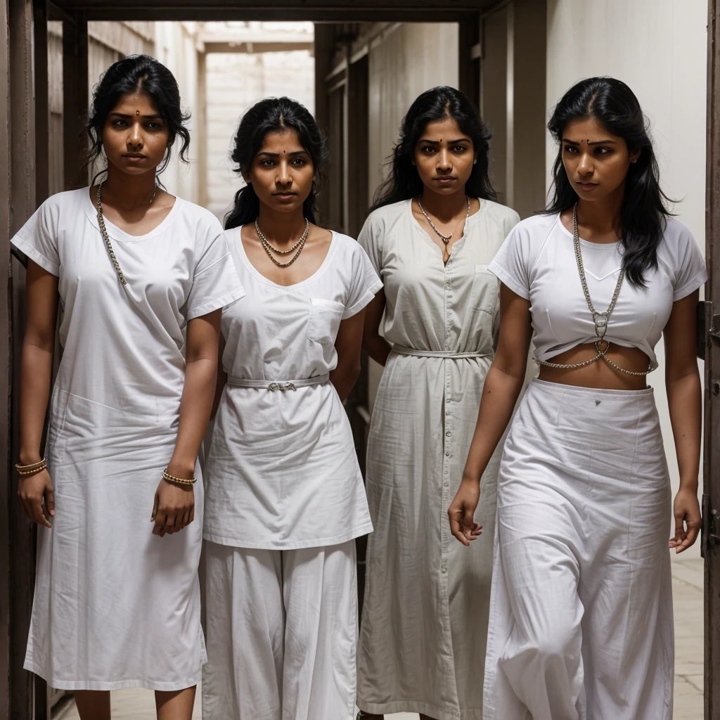 The all Indian woman's prisoners, wearing white sharee as Specific clothing for female prisoners, in side the jail. And Handcuffed with heavy chains to prevent him from moving, his hair was cut short by prison guards.