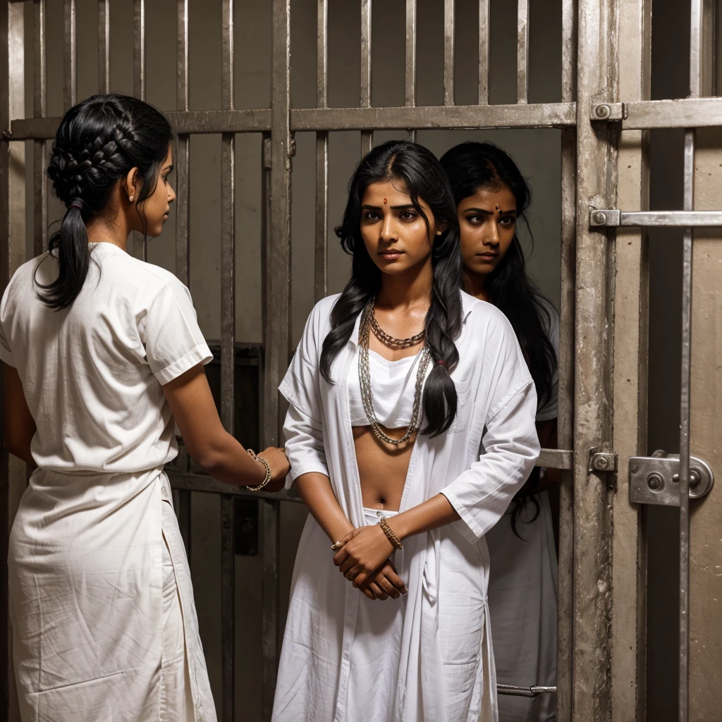 The all Indian woman's prisoners, wearing white sharee as Specific clothing for female prisoners, in side the jail. And Handcuffed with heavy chains to prevent him from moving, his hair was cut short by prison guards.