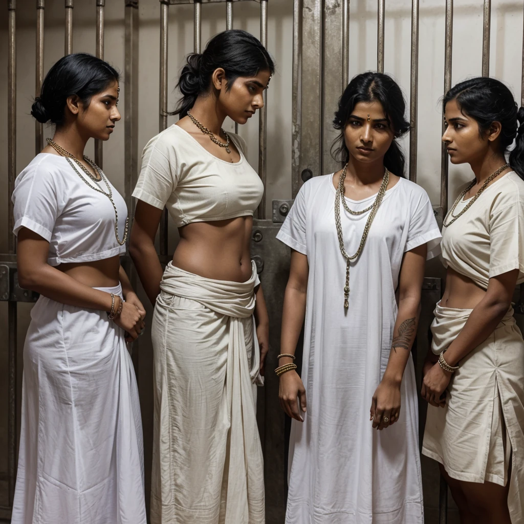The all Indian woman's prisoners, wearing white sharee as Specific clothing for female prisoners, in side the jail. And Handcuffed with heavy chains to prevent him from moving, his hair was cut short by prison guards.